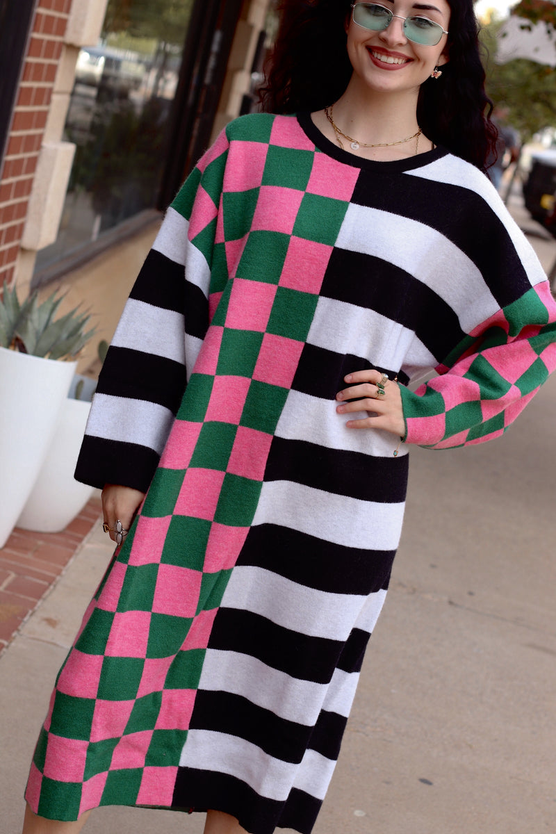 Moxie Sweater Dress + Pink/Black