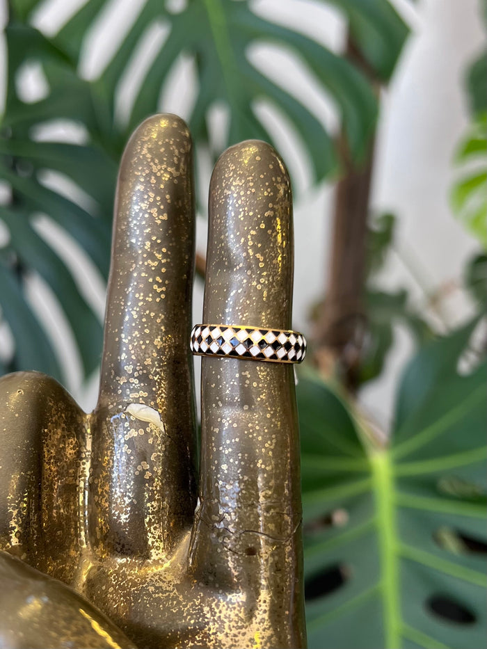 B&W Checkered 18K Gold Plated SS Ring
