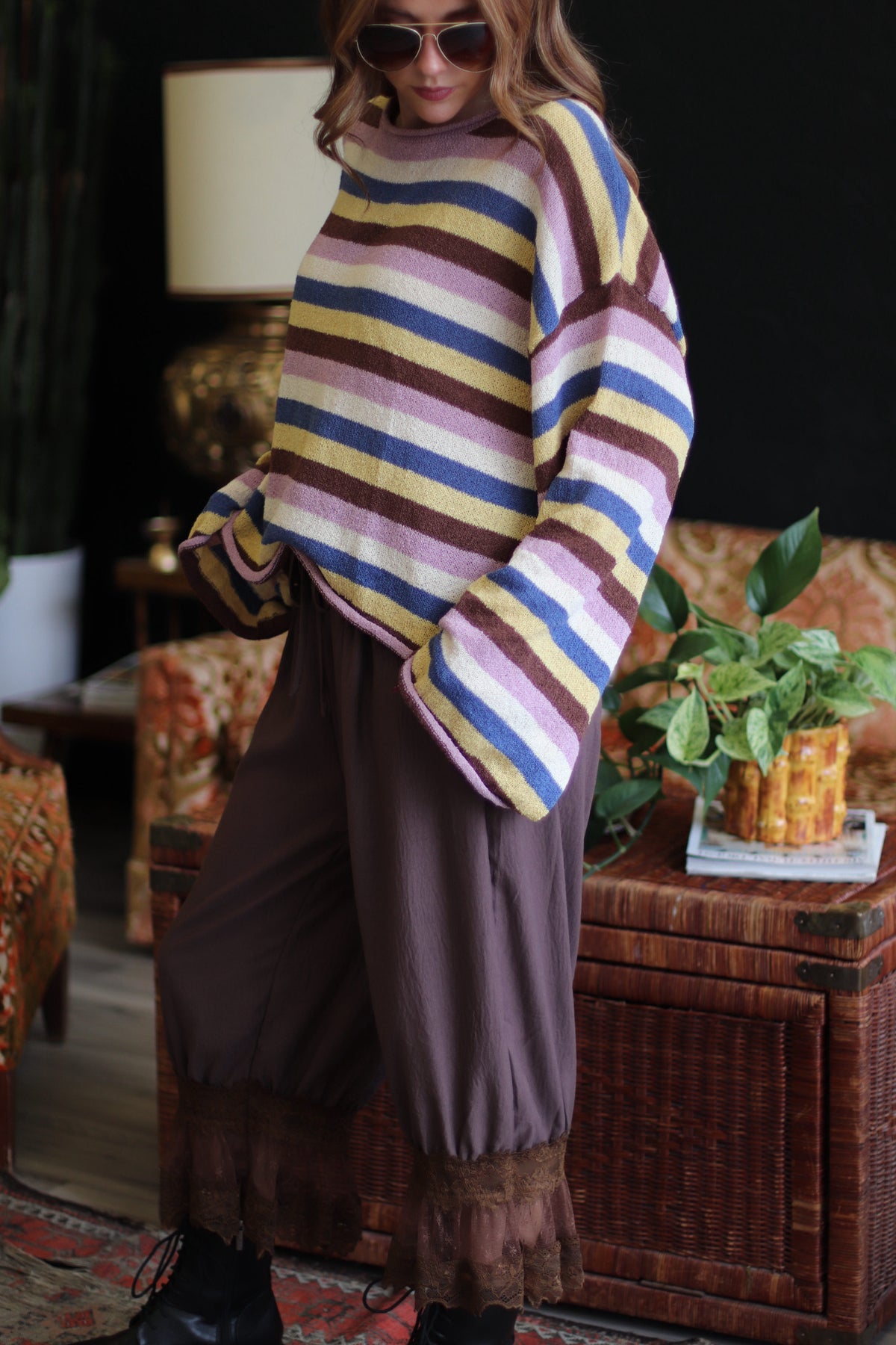 Autumn Groove Lace Hem Brown Pants