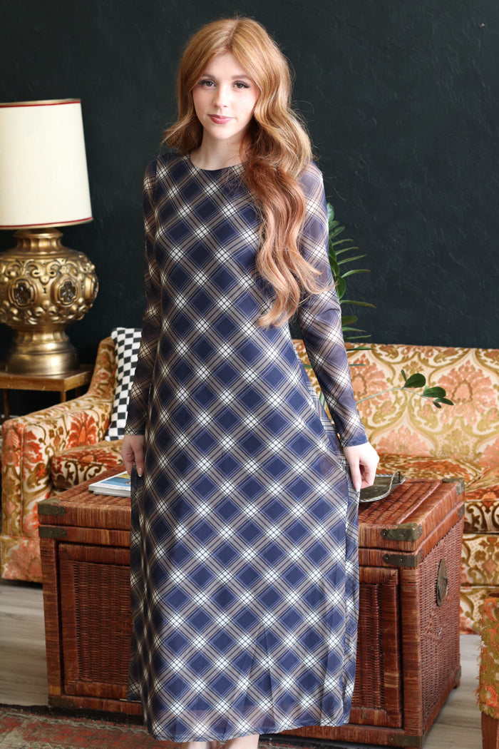 Trinity Navy Plaid Long Sleeve Maxi Dress