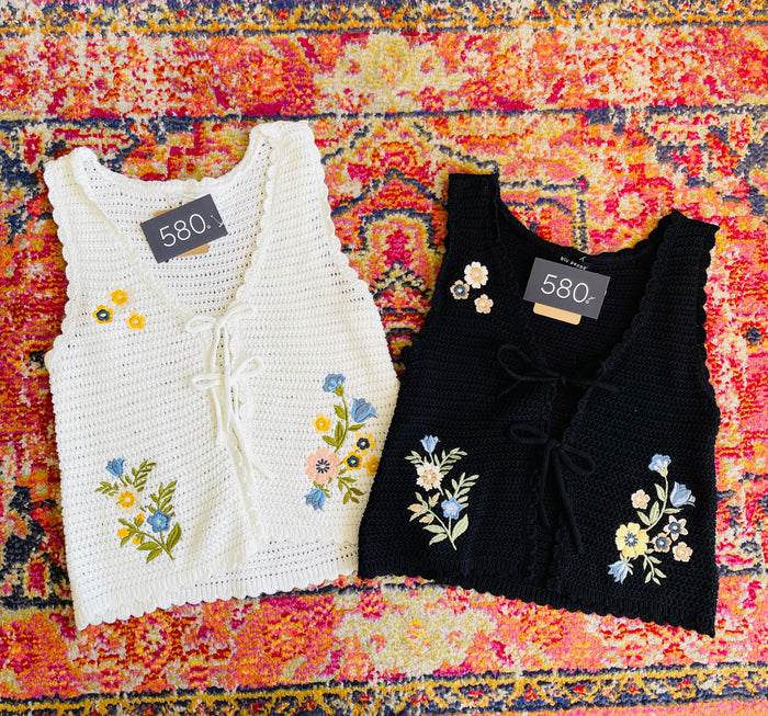 Floral Crochet Vest in Black