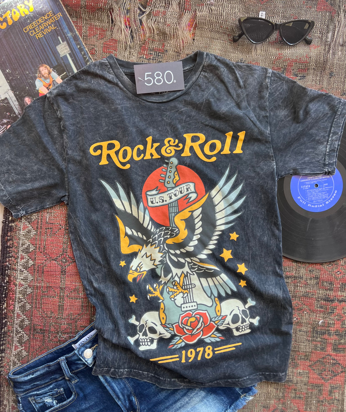 Rock & Roll Eagle Tattoo Black Mineral Wash Graphic Tee