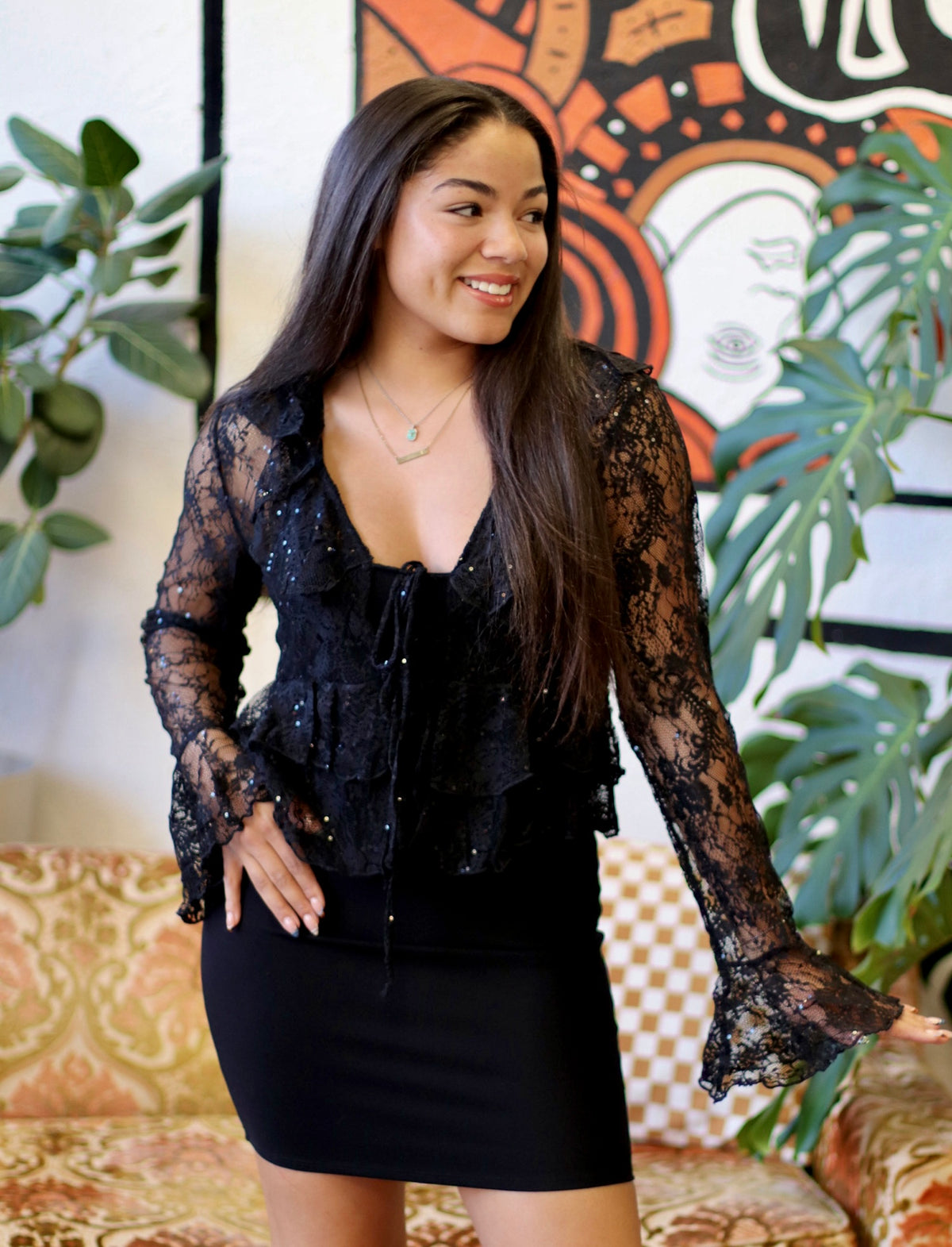 Sheer Ruffle Lace Blouse + Black