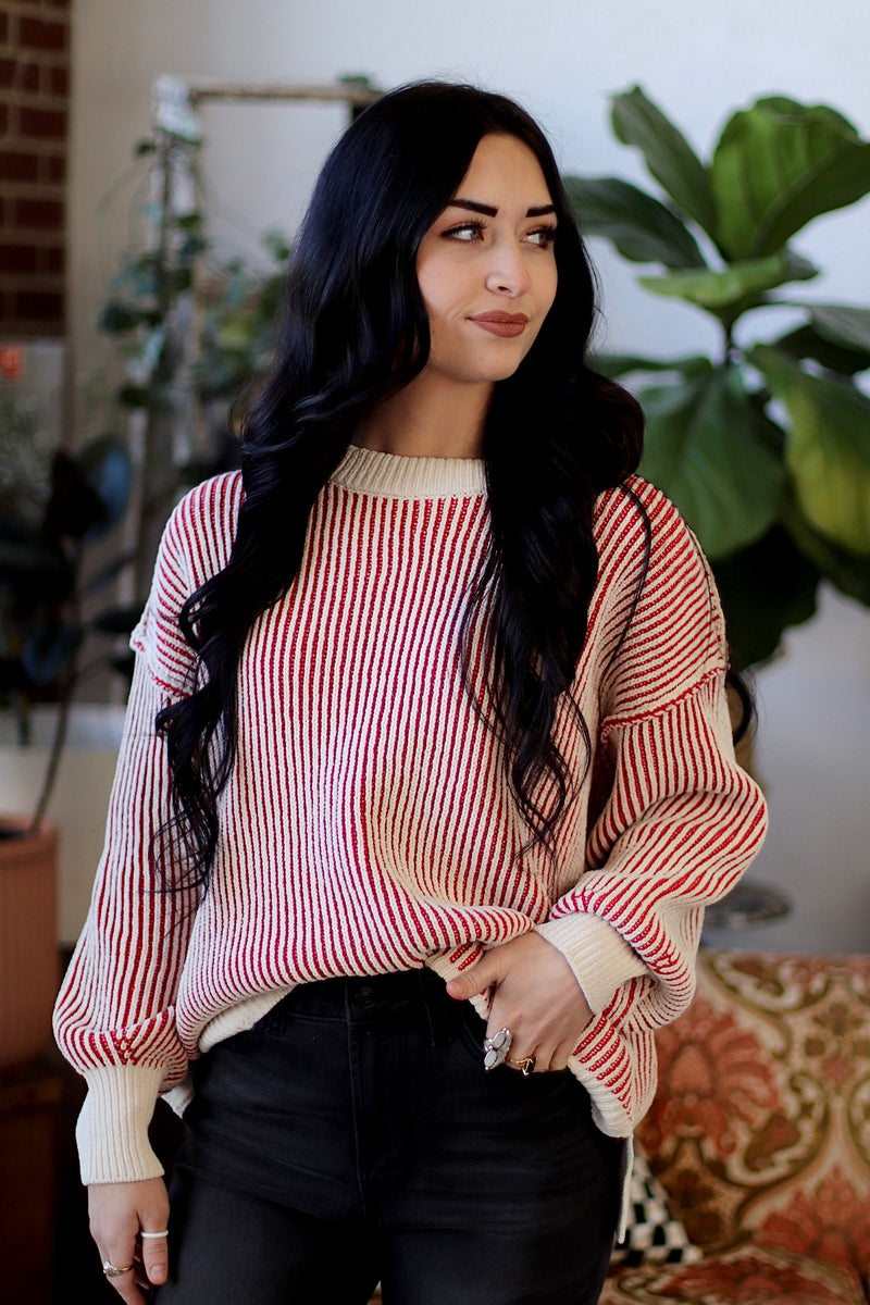 Cozy Sunday Two Tone Sweater in Ruby