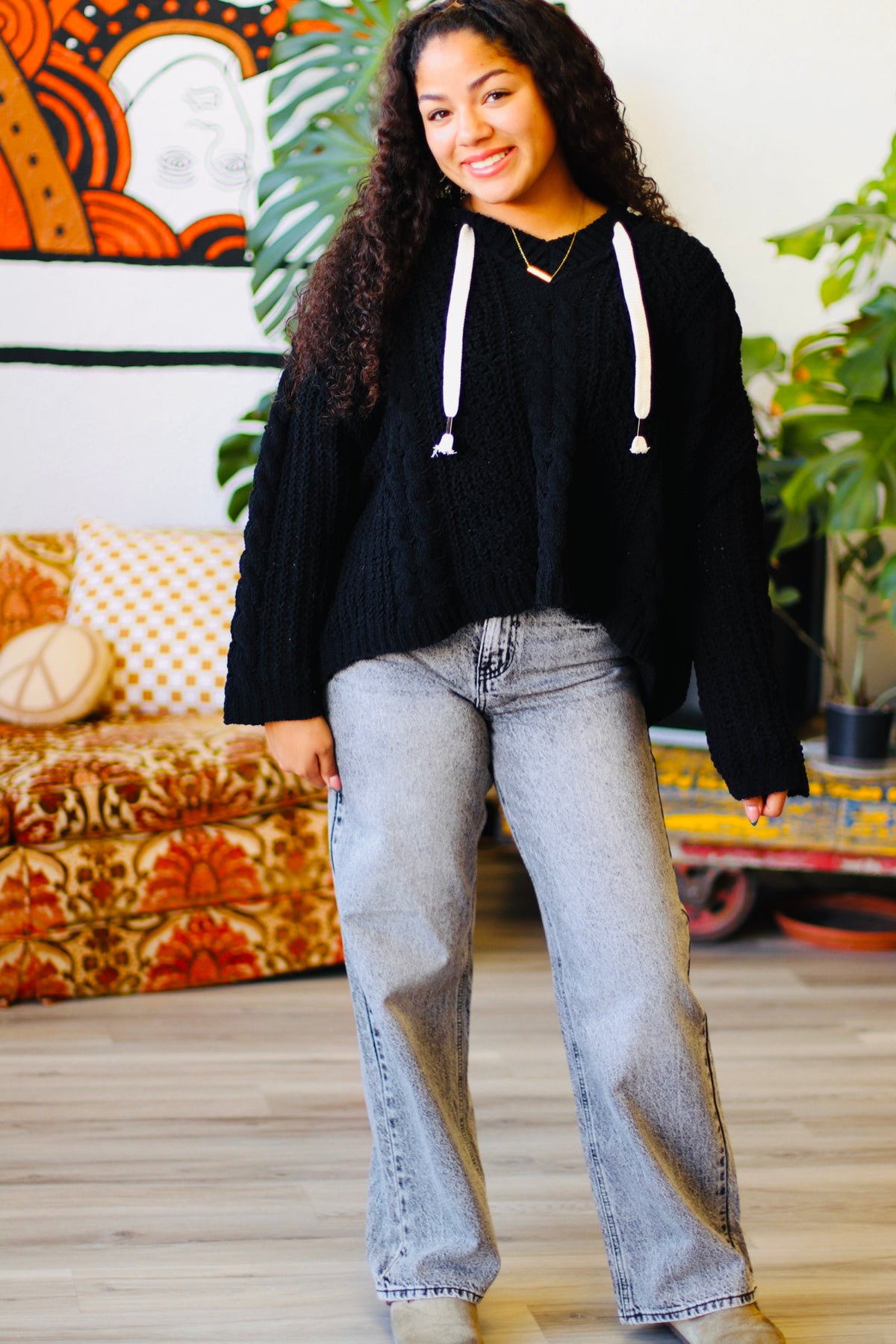 Soft Cable Knit Hooded Sweater + Black