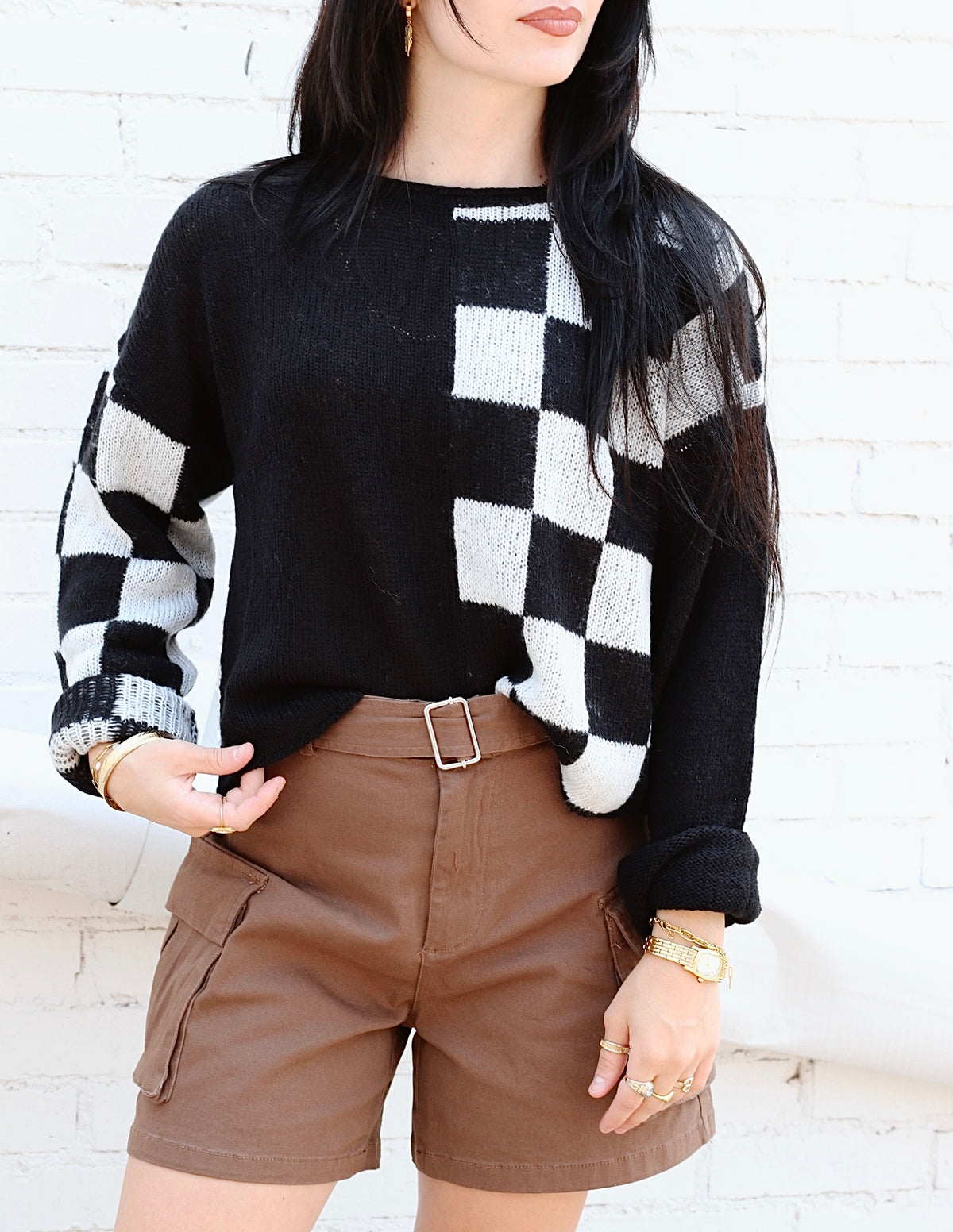 Charlee Checkered Sweater + Black