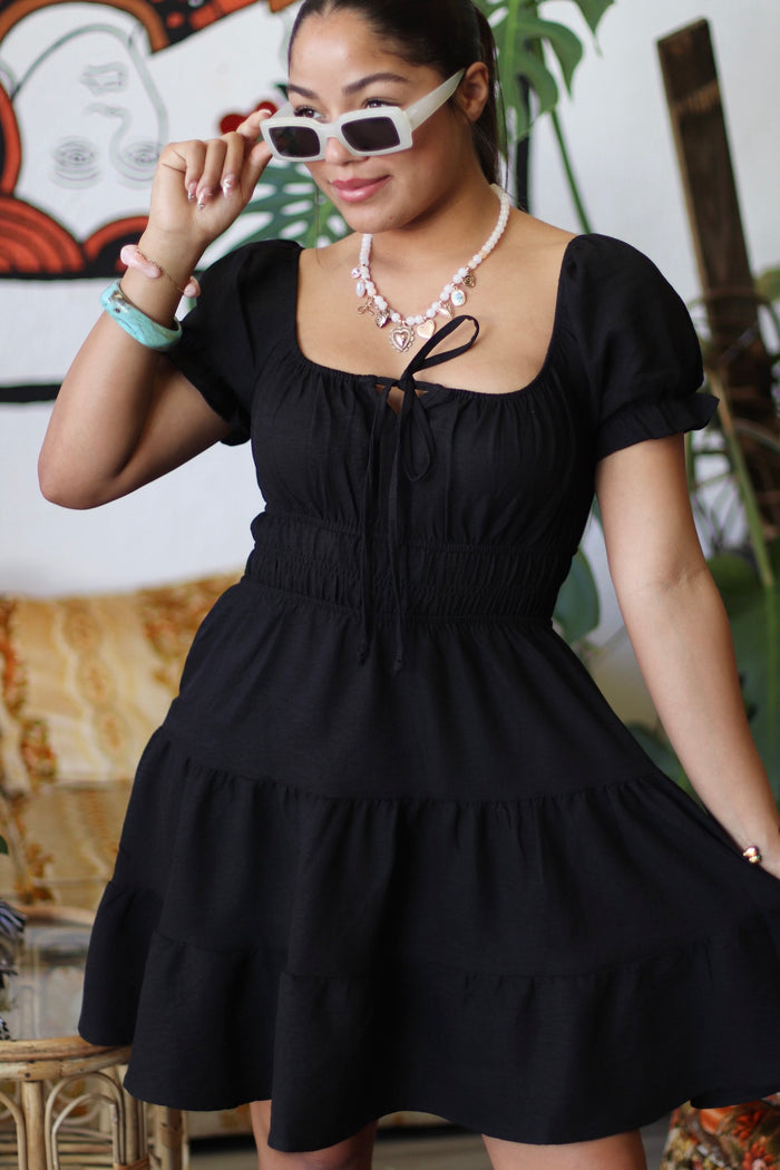 Black Short Sleeve Peasant Tiered Mini Dress – 580 Threads Black Short Sleeve Peasant Tiered Mini Dress – 580 Threads
