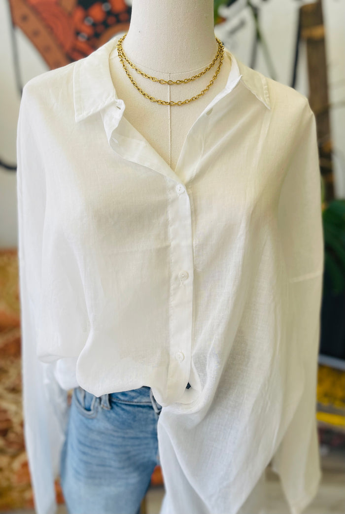 Cotton Button Down Tunic Shirt in Ivory