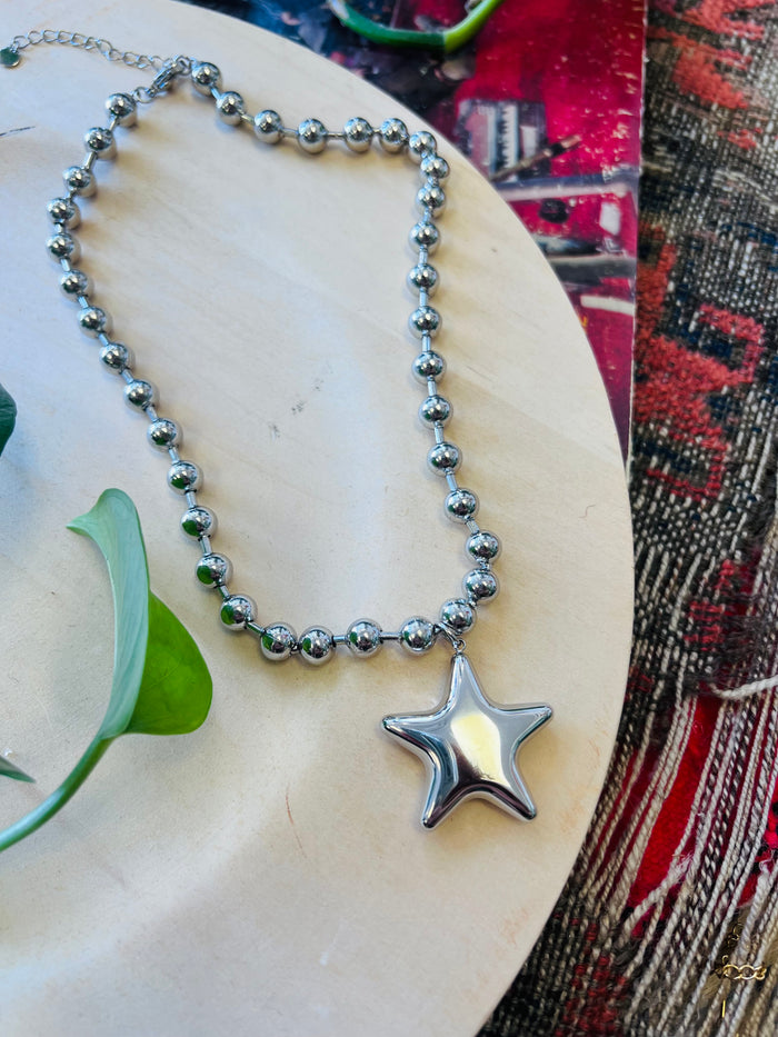 Stainless Steel Big Star Charm Beaded Necklace