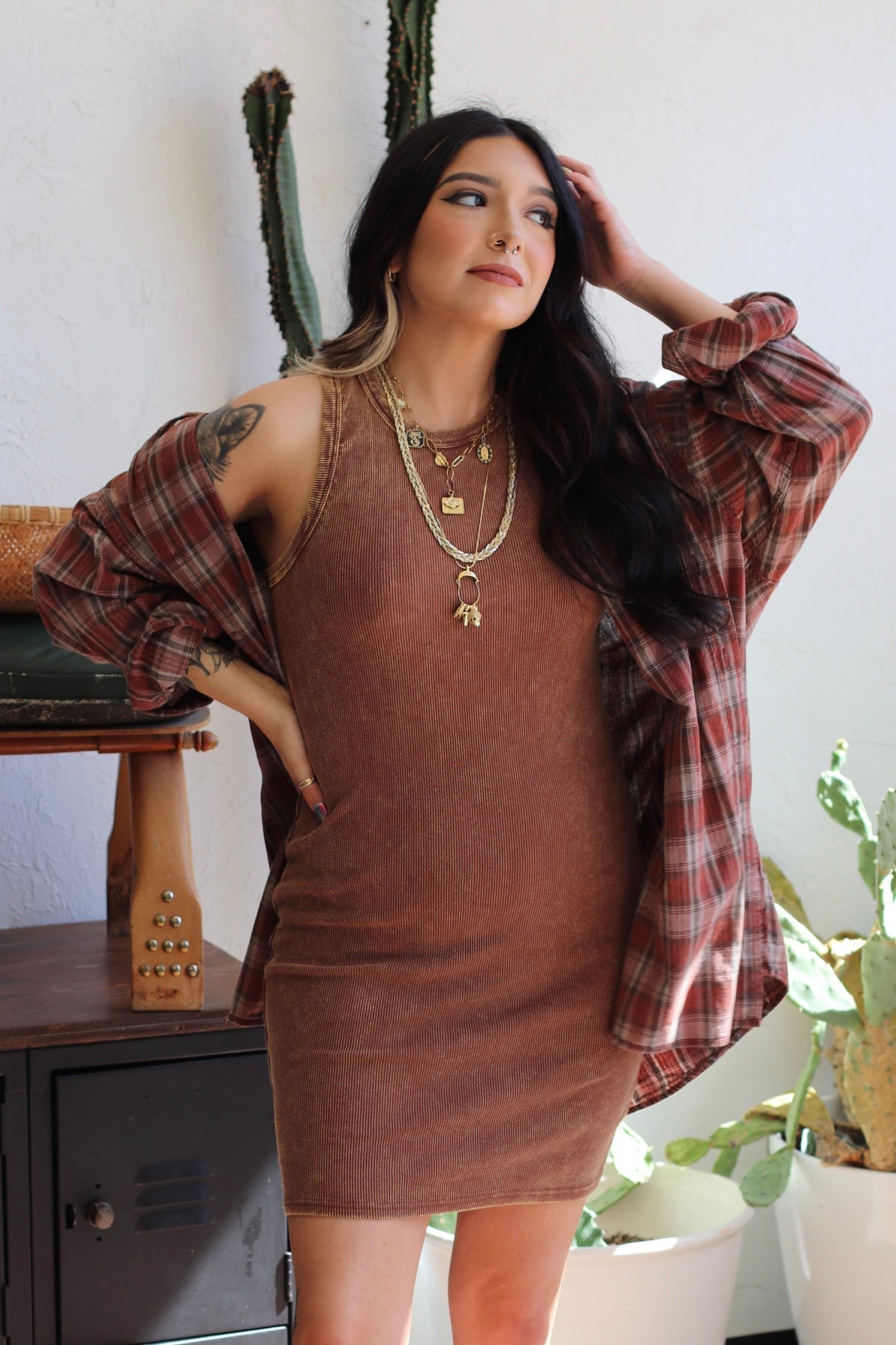 Lets Go Outside Ribbed Tank Dress in Chesnut