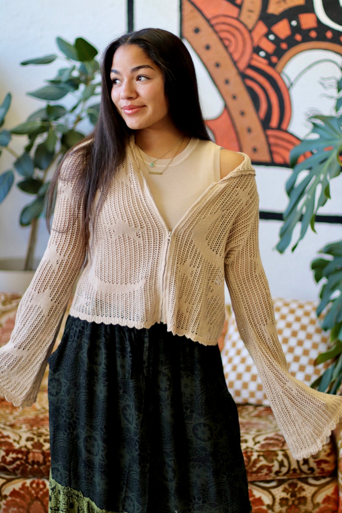 Celestial Lacy Cropped Zip Hoodie in Sand