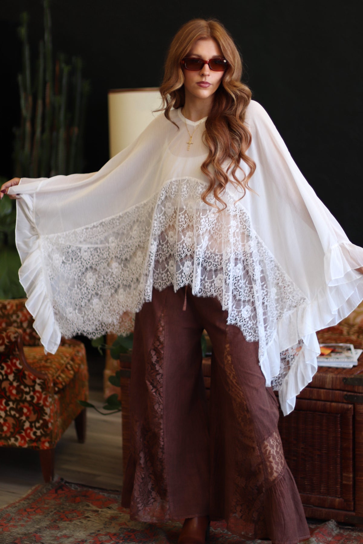 Stevie V-Neck White Sheer Batwing Top
