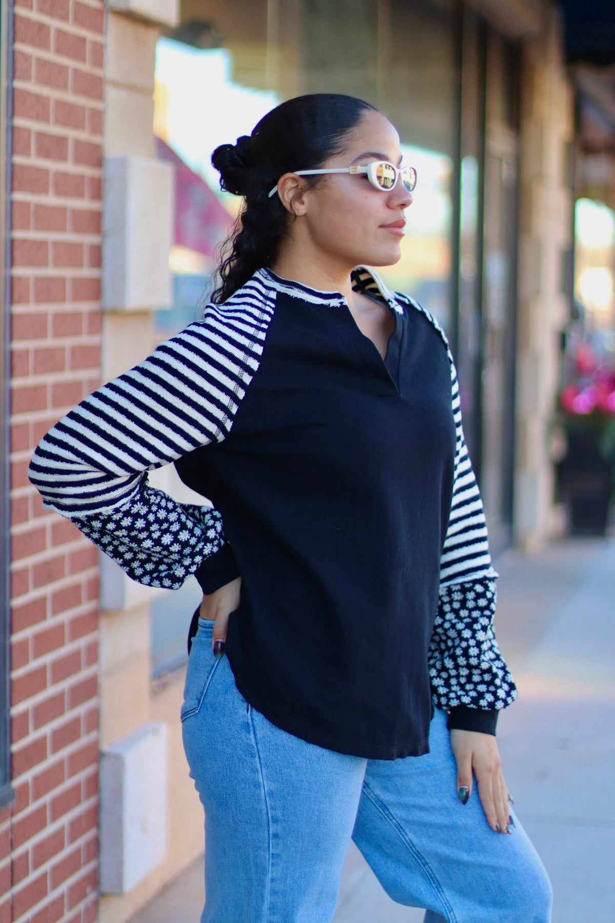Charcoal Floral & Stripe Casual Knit Top