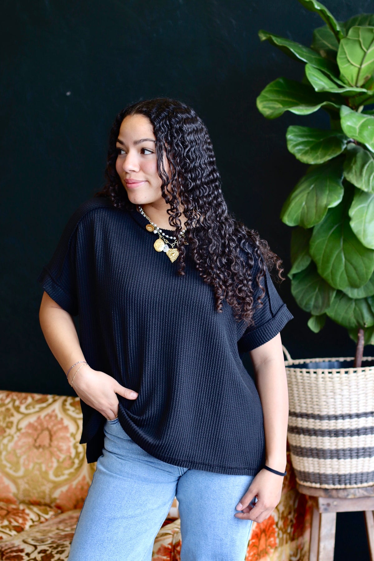 Ribbed Short Sleeve Top in Black (Plus Sizes Available)