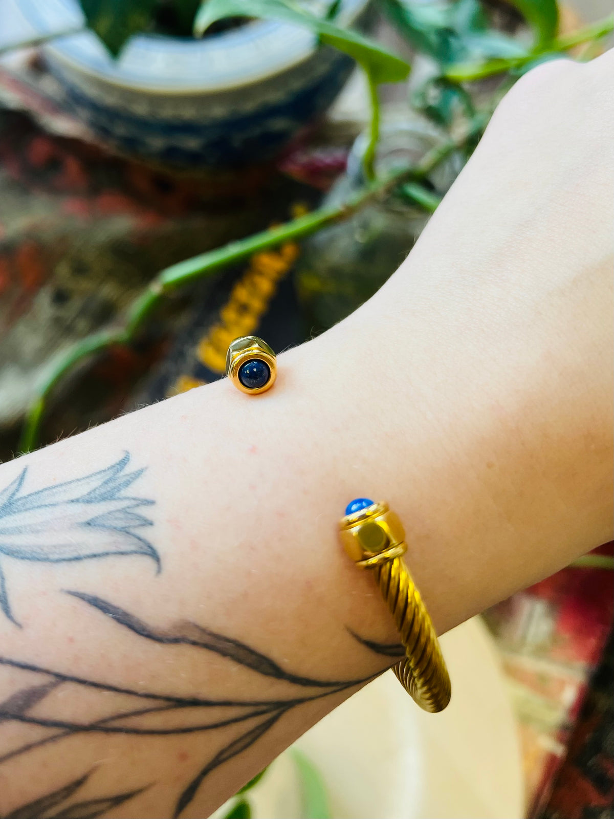 Inlaid Stone 18K GP Adjustable Spiral Cuff + Lapis Lazuli