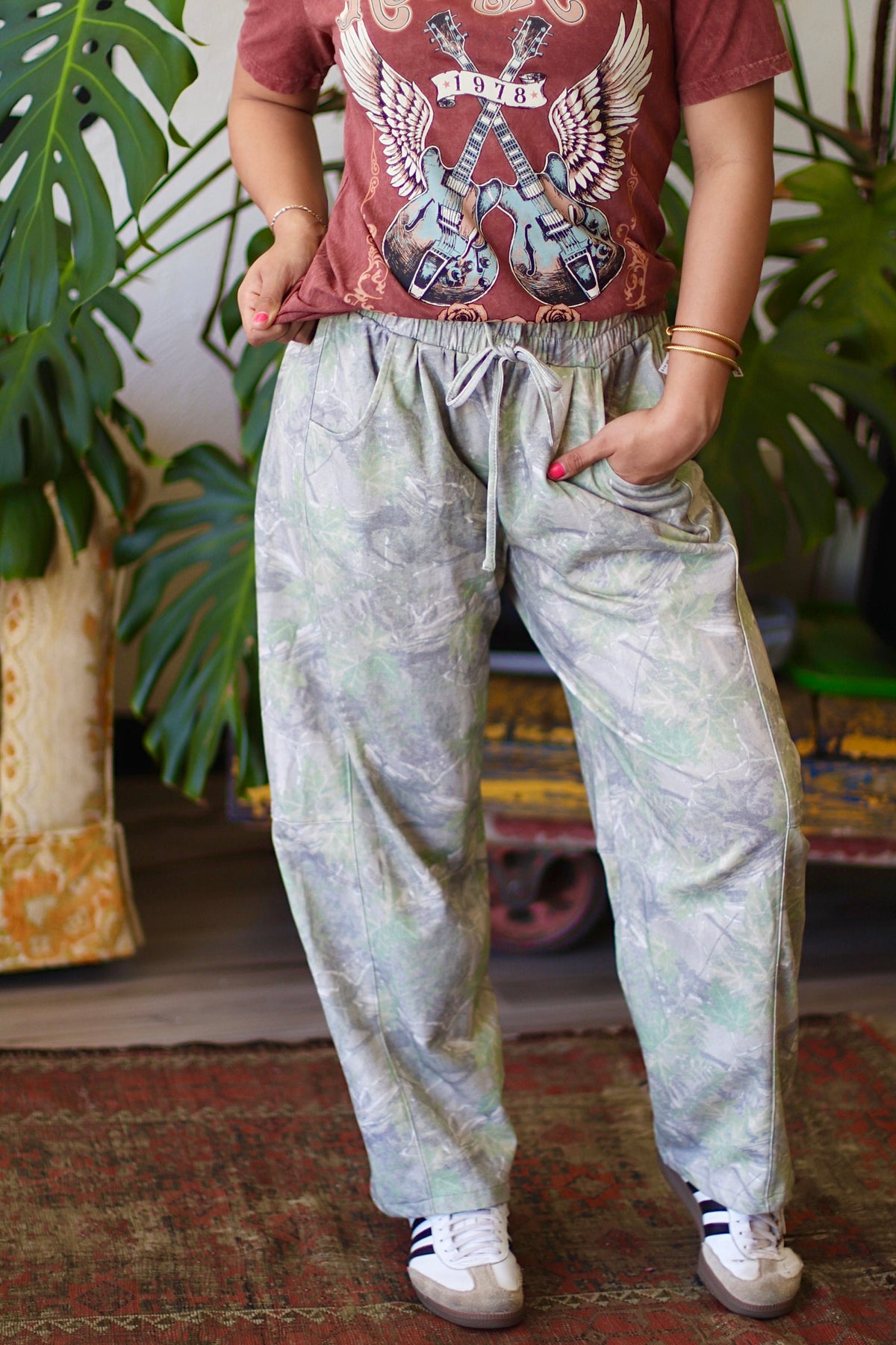 Camo Print Casual Knit Barrel Pants