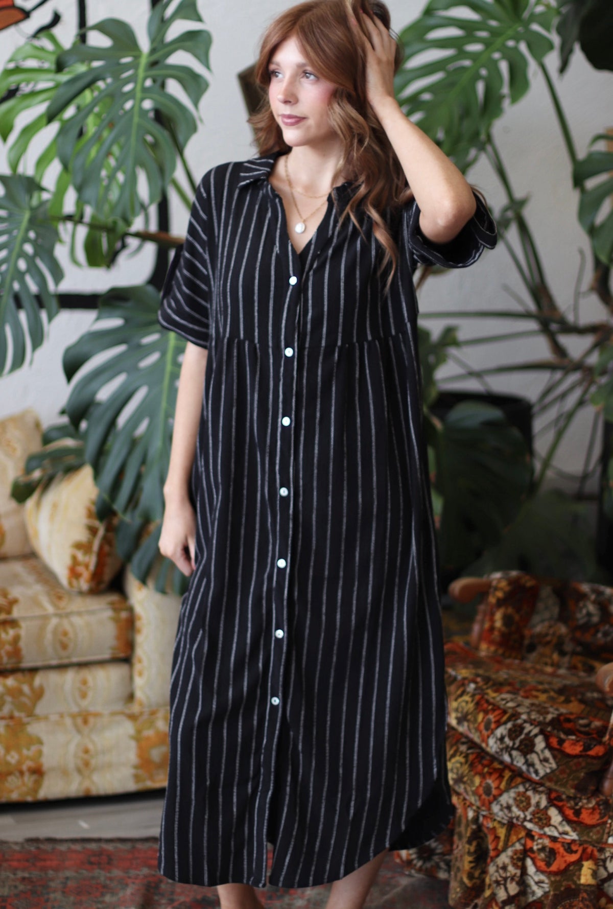 Wander Striped Black Midi Dress