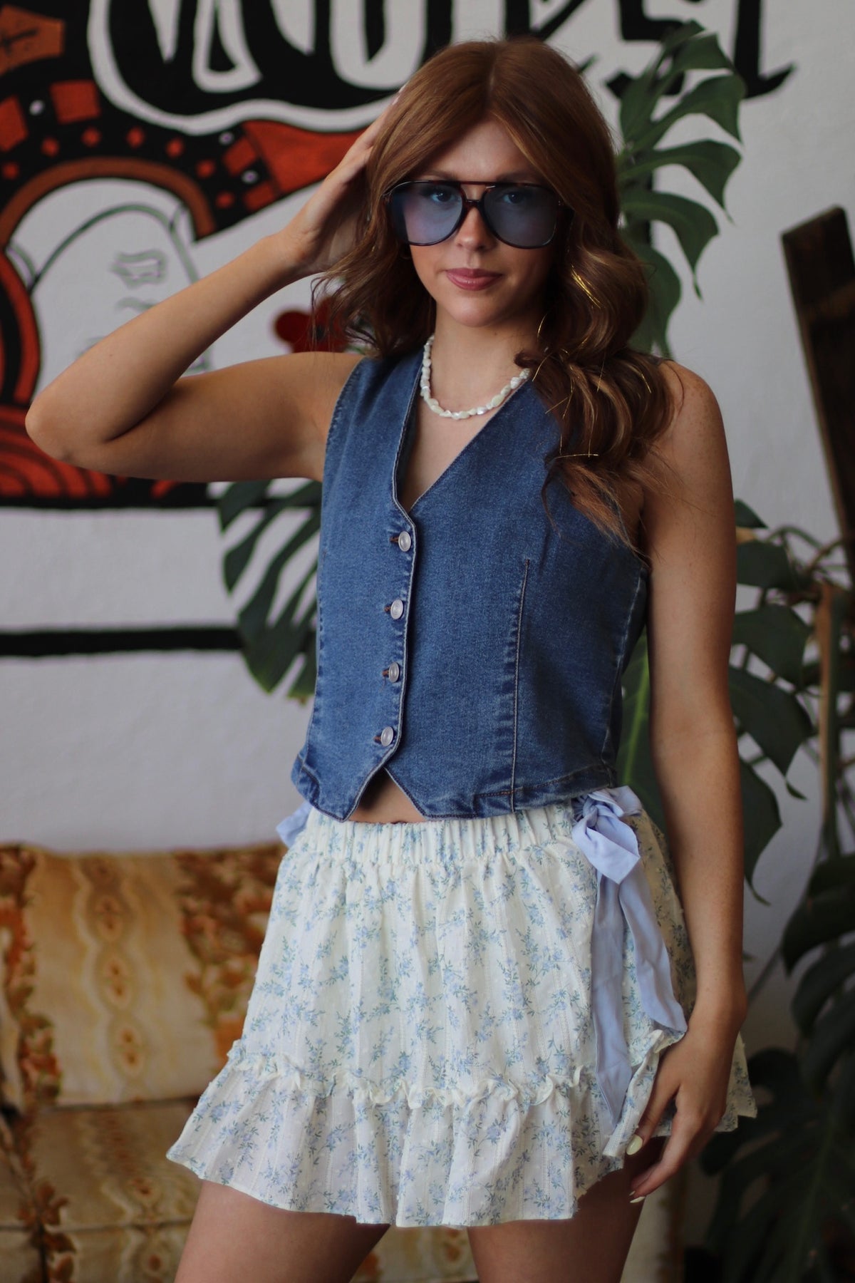 Floral Bow Mini Skirt w/ Shorts in Sky