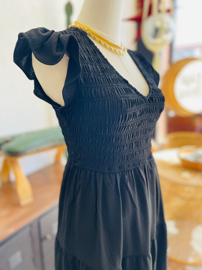 Black Flutter Sleeve Midi Dress