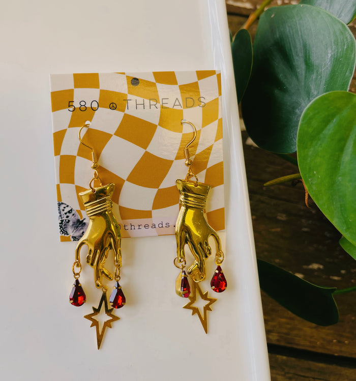 Gold & Red Gem Hand Earrings