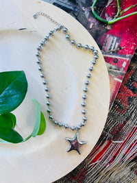 Stainless Steel Big Star Charm Beaded Necklace