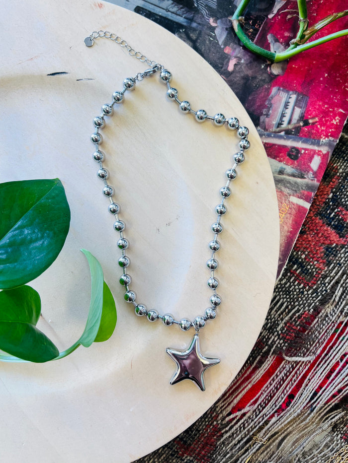 Stainless Steel Big Star Charm Beaded Necklace