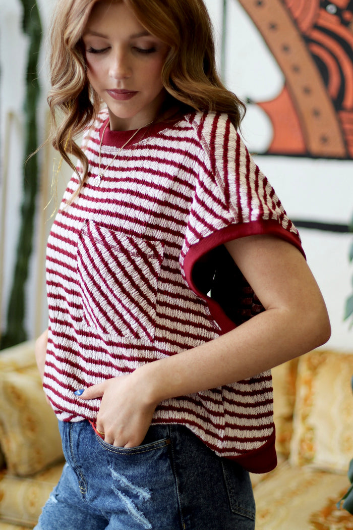 580 Friday Burgundy Striped Open Back Top