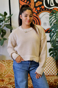 Taupe Two Tone Textured Knit Casual Sweater Top