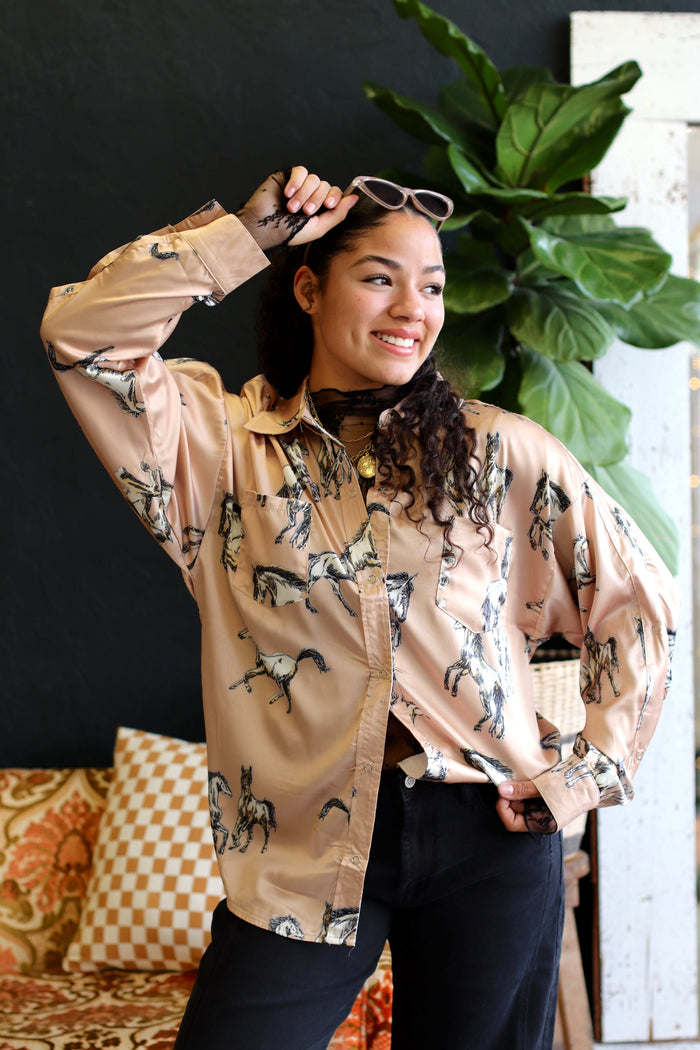 Taupe Satin Horse Button Down Blouse