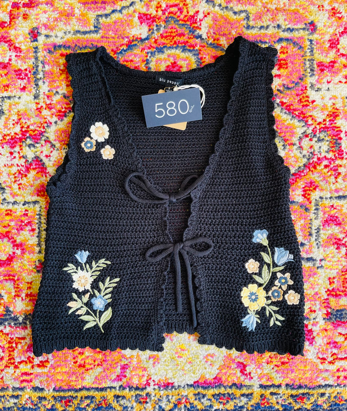 Floral Crochet Vest in Black