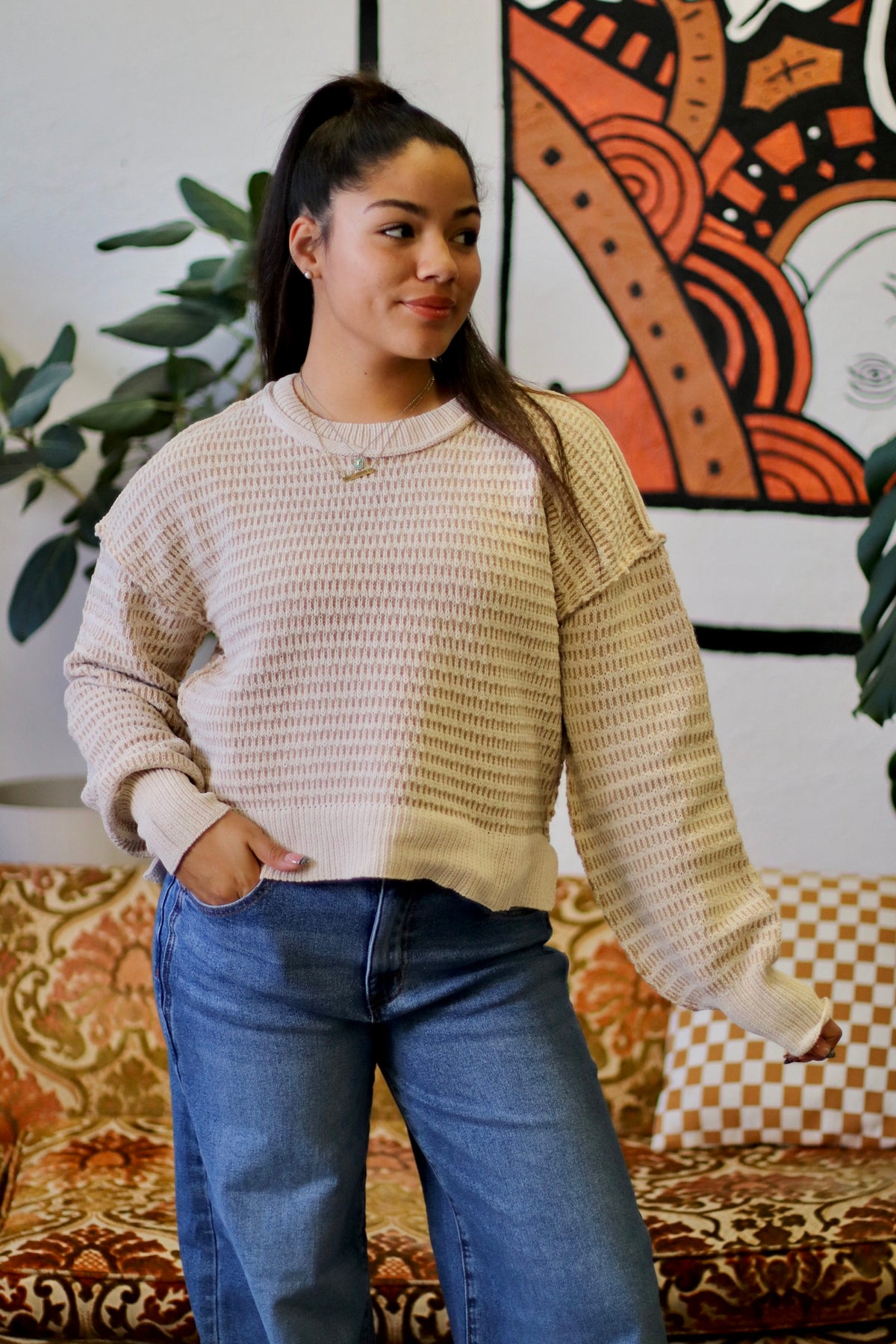 Taupe Two Tone Textured Knit Casual Sweater Top