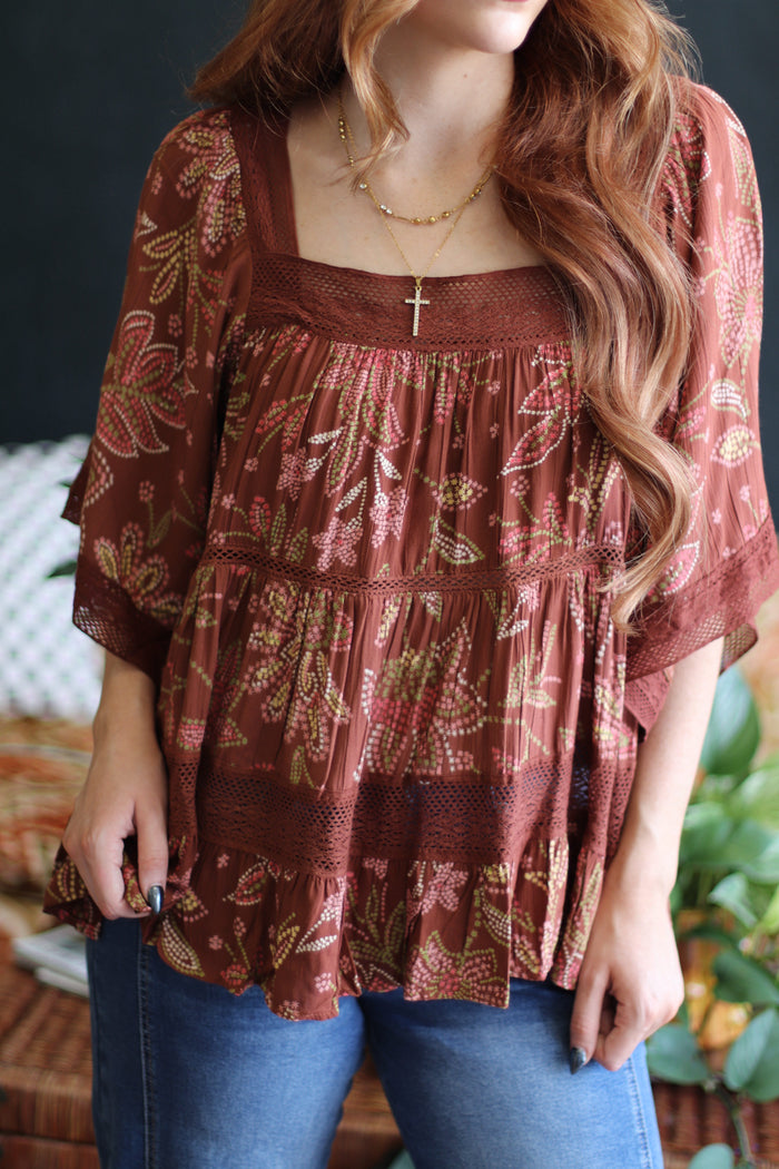 Lacey Floral Tiered Flowy Blouse in Brick