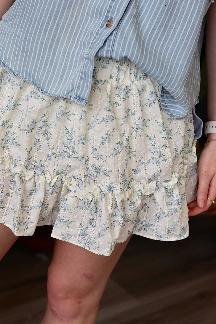 Floral Bow Mini Skirt w/ Shorts in Sky