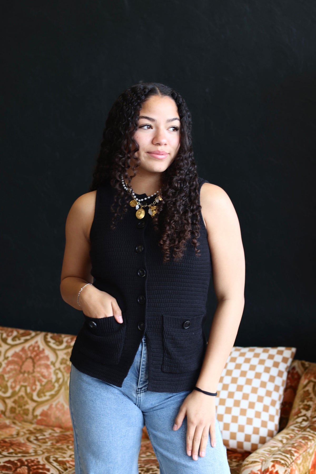 Stephanie Split Hem Knit Vest in Black