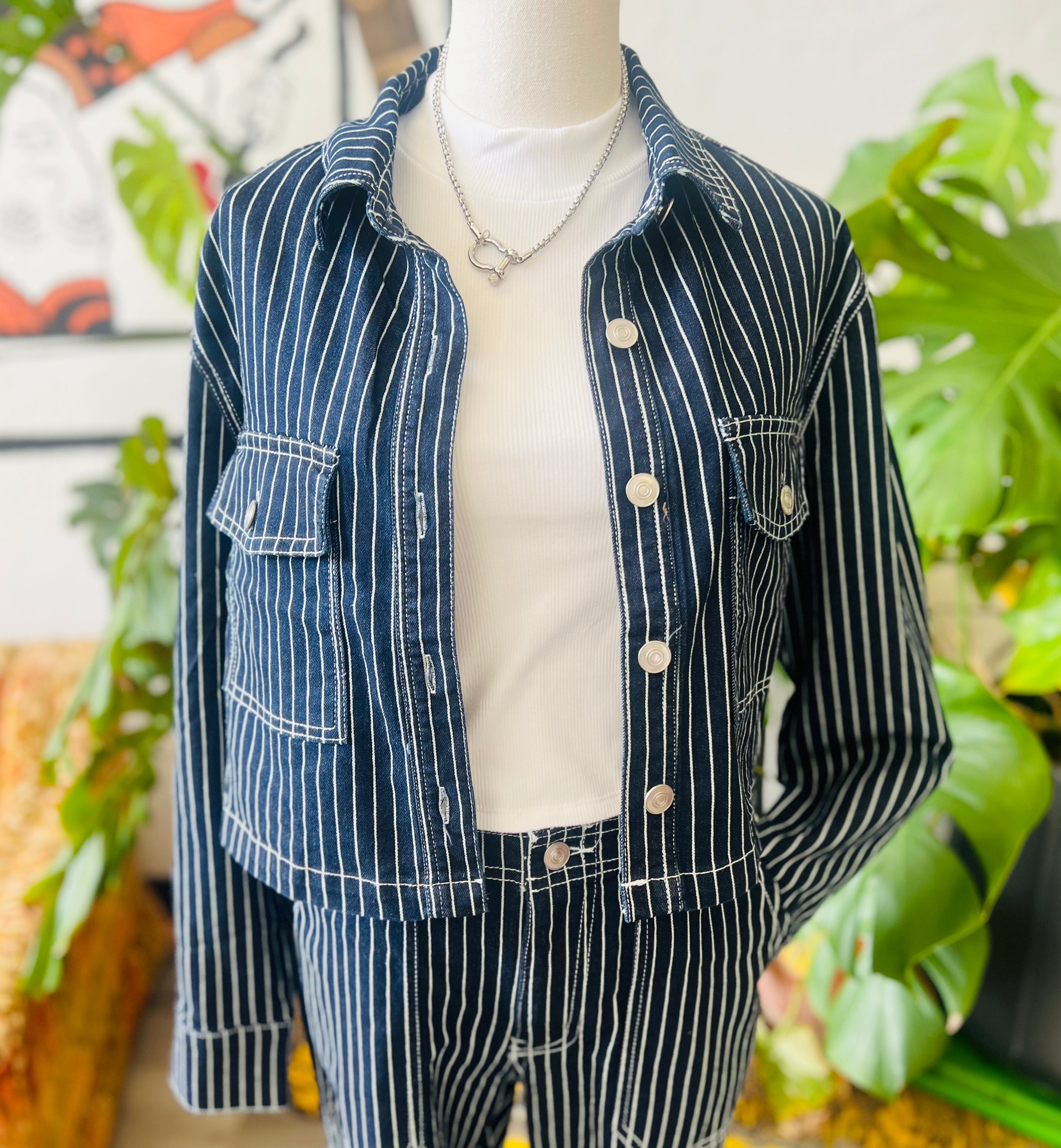 Navy Pinstripe Cropped Denim Jacket – 580 Threads