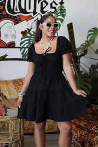 Black Short Sleeve Peasant Tiered Mini Dress