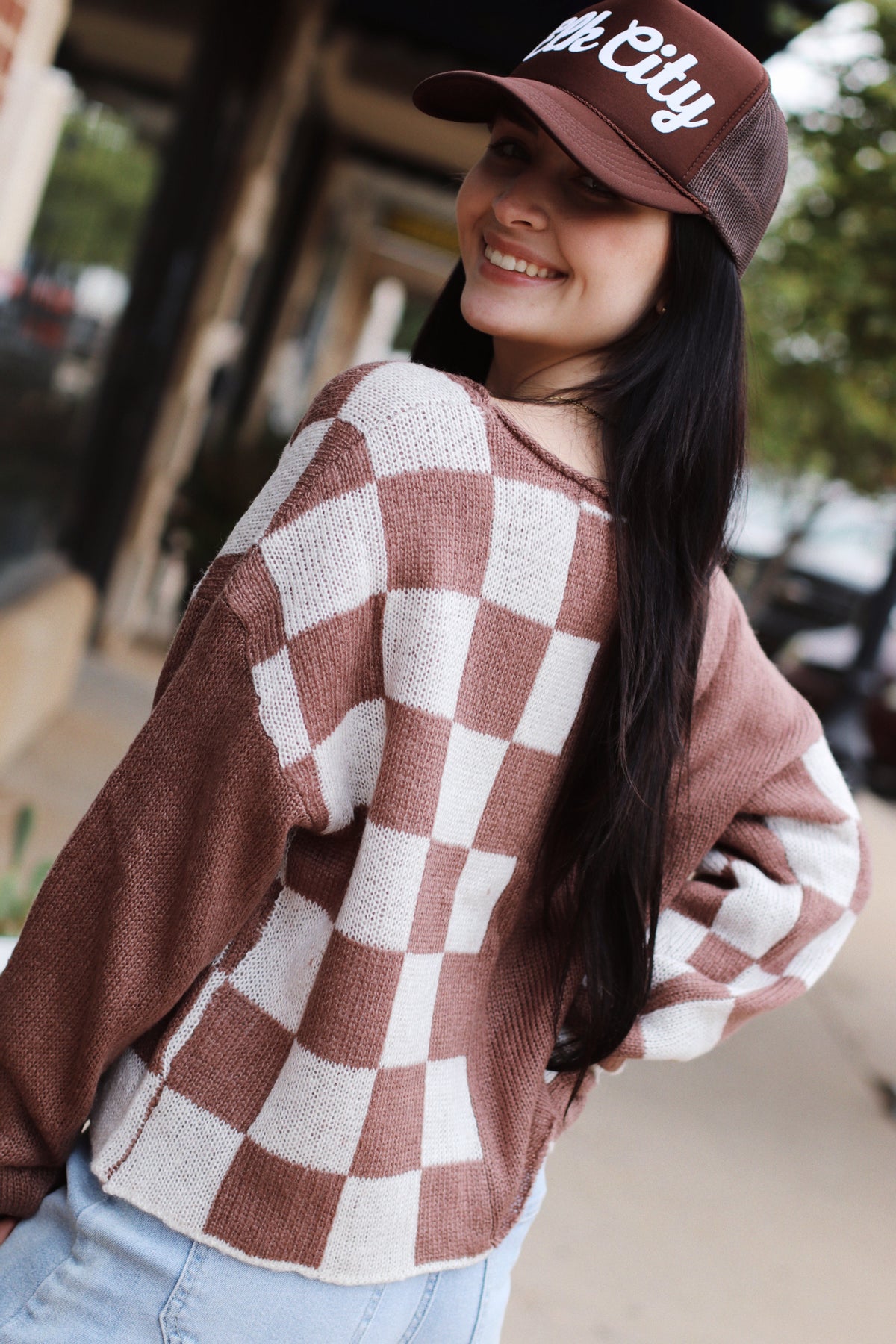 Charlee Checkered Sweater + Mocha