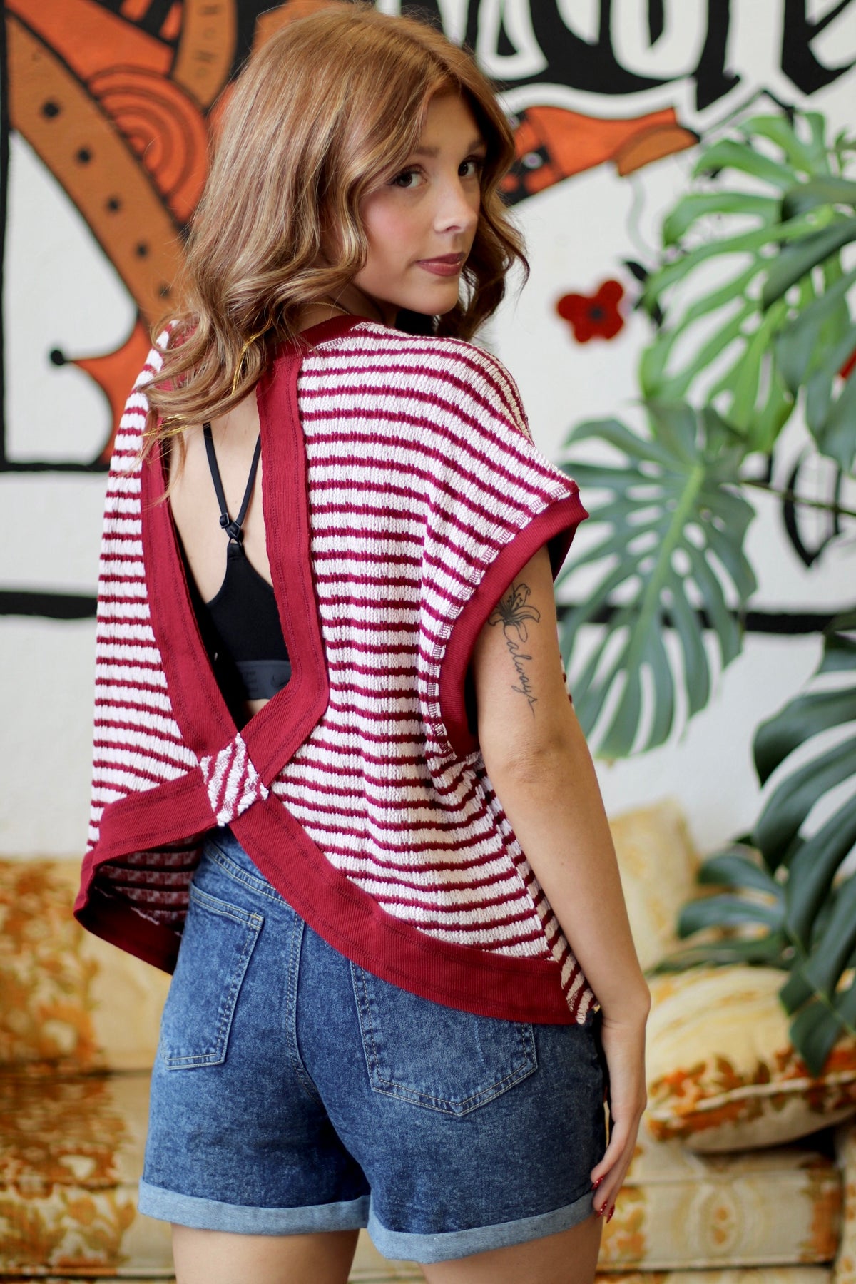 580 Friday Burgundy Striped Open Back Top