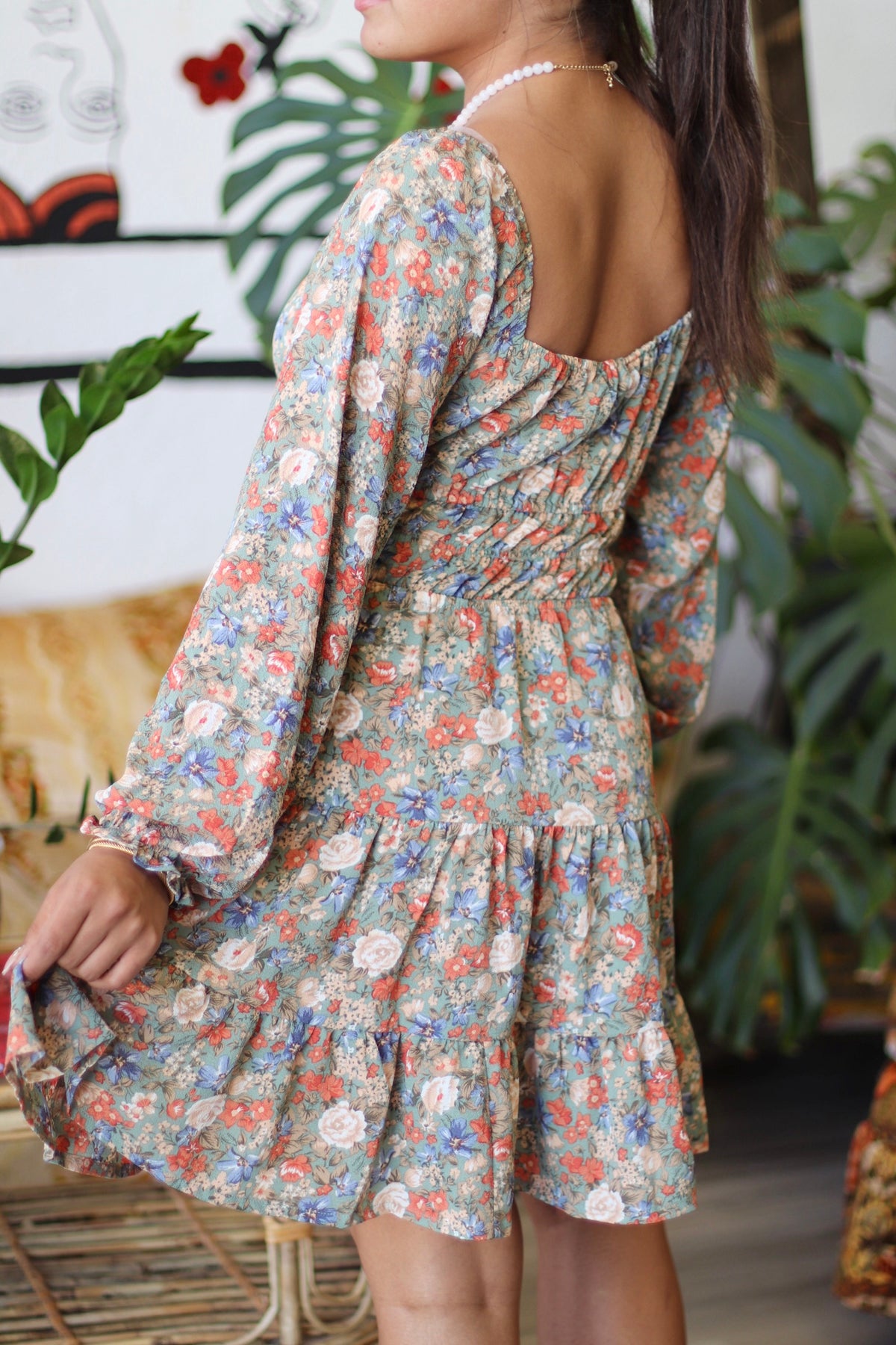 Peasant Long Sleeve Mini Dress Sage Floral