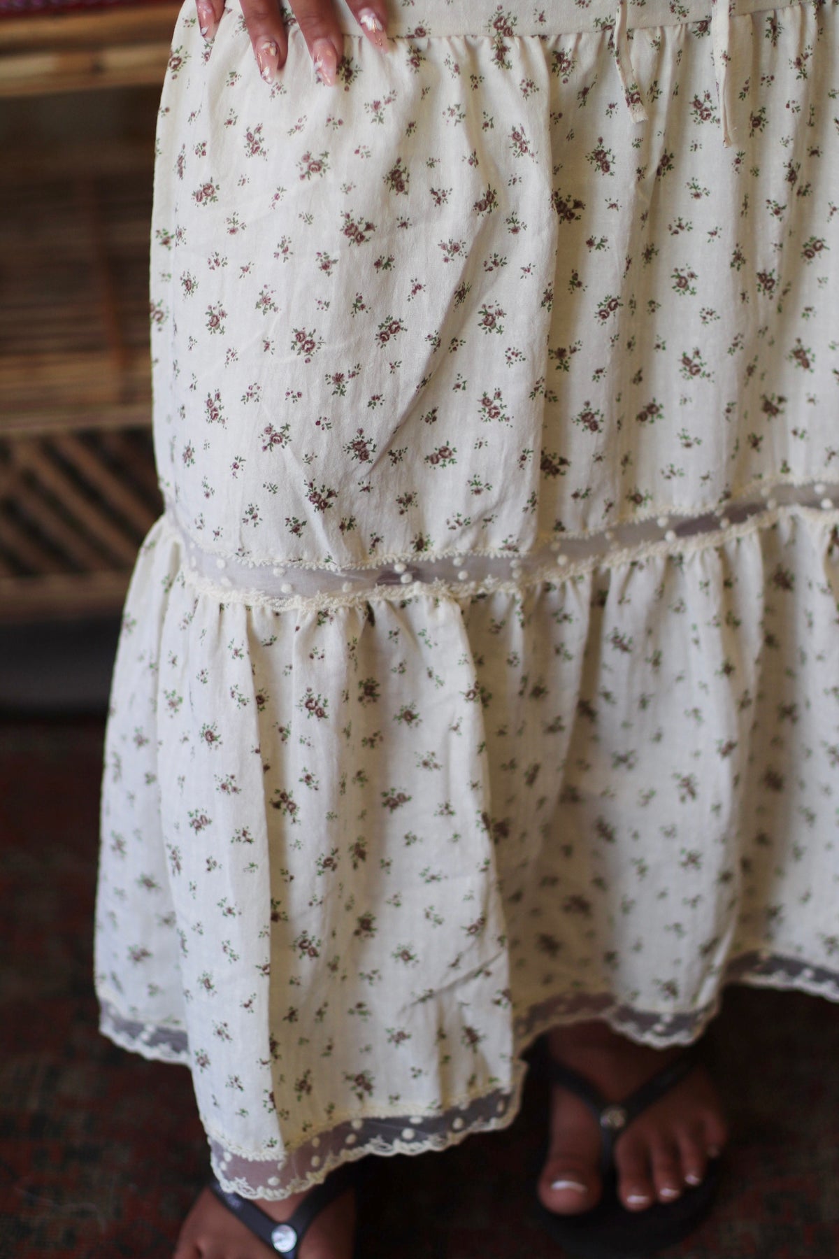 Cream Floral Maxi Skirt w/ Polka Dot Detail