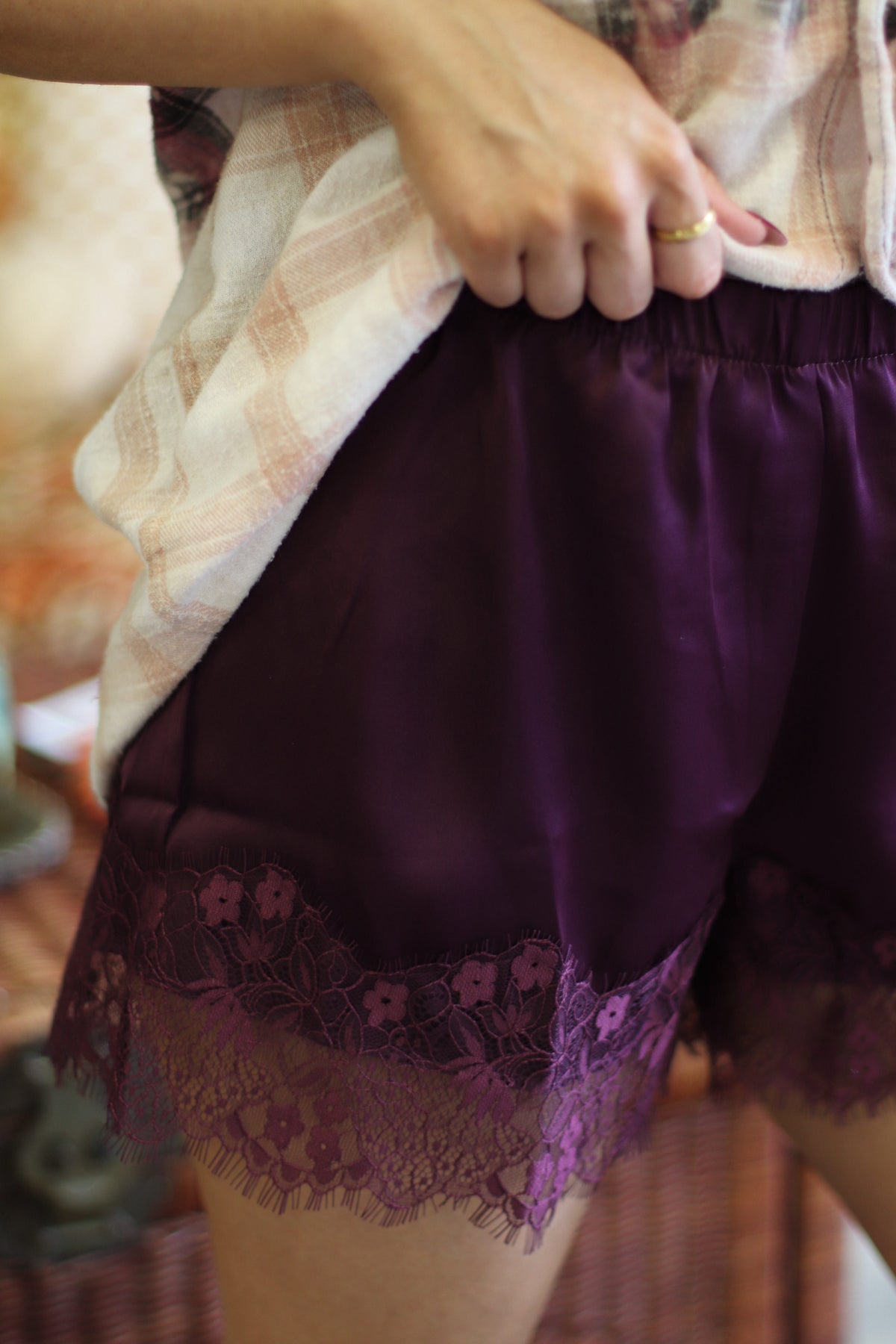 Vixen Lace Hem Satin Shorts + Plum