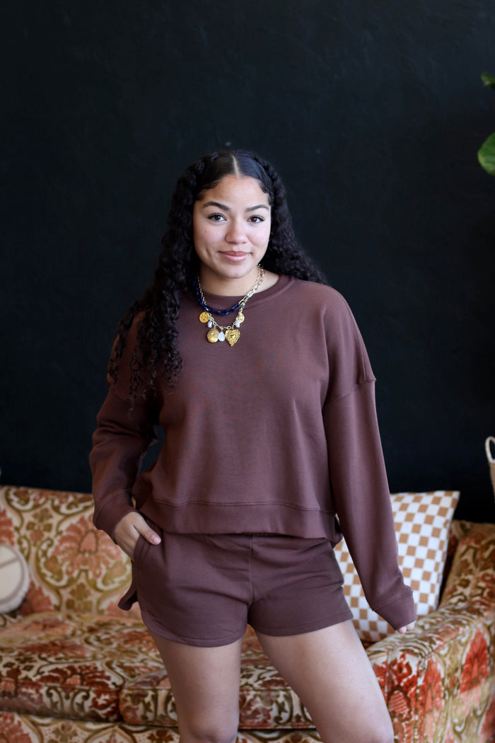 Cozy Sweatshirt & Shorts Set + Brown
