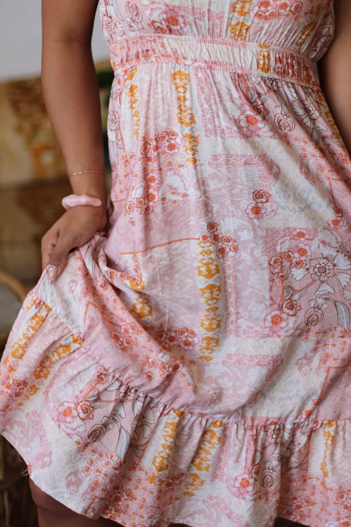 Spaghetti Strap Midi Dress Coral Patchwork