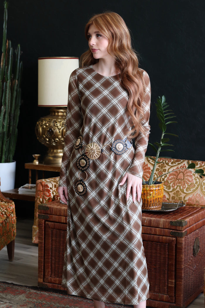 Trinity Mocha Plaid Long Sleeve Maxi Dress
