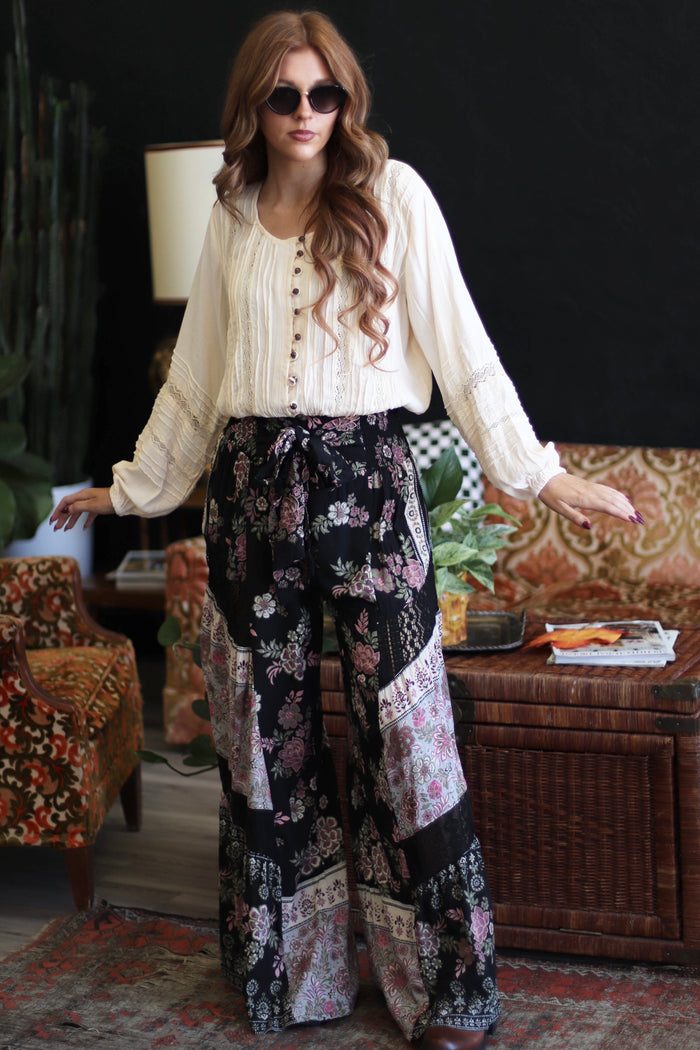 Penelope Patchwork Wide Leg Pants + Black