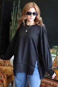 Black Exposed Seam Oversized Crew Neck