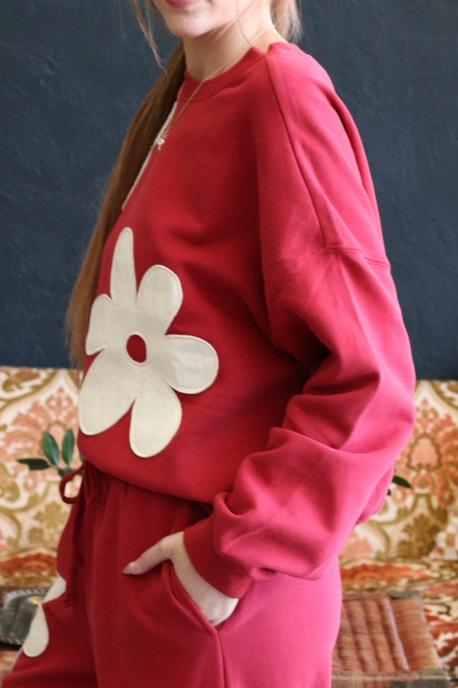 Red Floral Applique Crew Neck