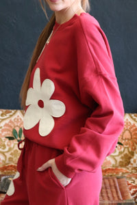 Red Floral Applique Crew Neck