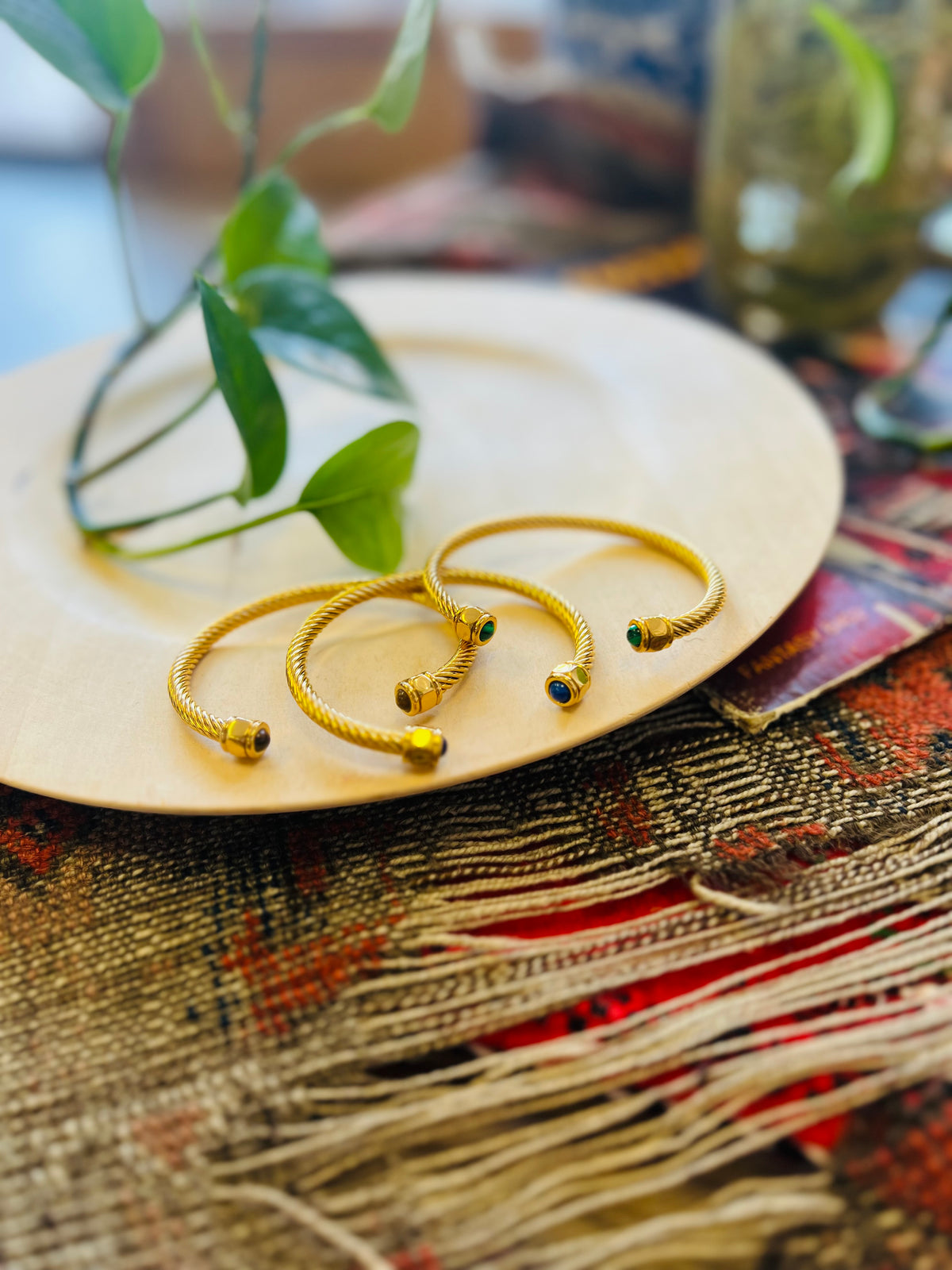 Inlaid Stone 18K GP Adjustable Spiral Cuff + Lapis Lazuli