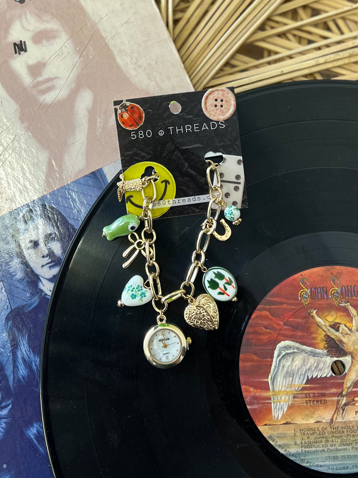 Vintage Green Floral Charm Watch Bracelet